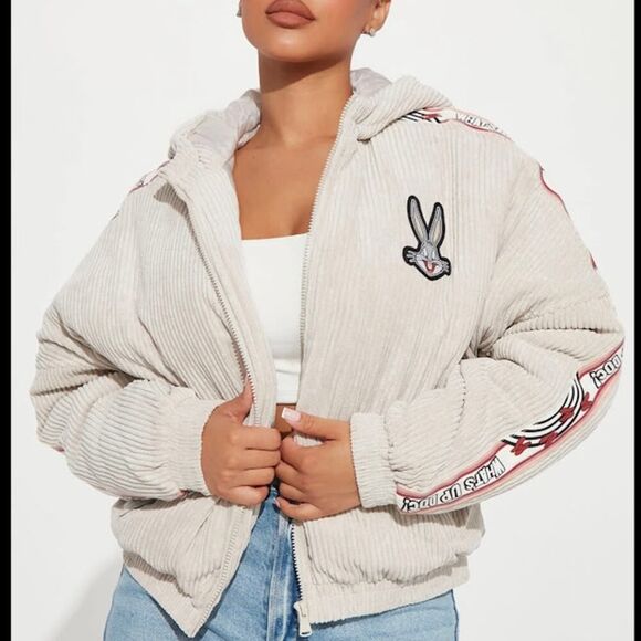 Looney Toons Members Only Bugs Bunny Corduroy Puffer Jacket in Taupe - Large - Picture 5 of 10